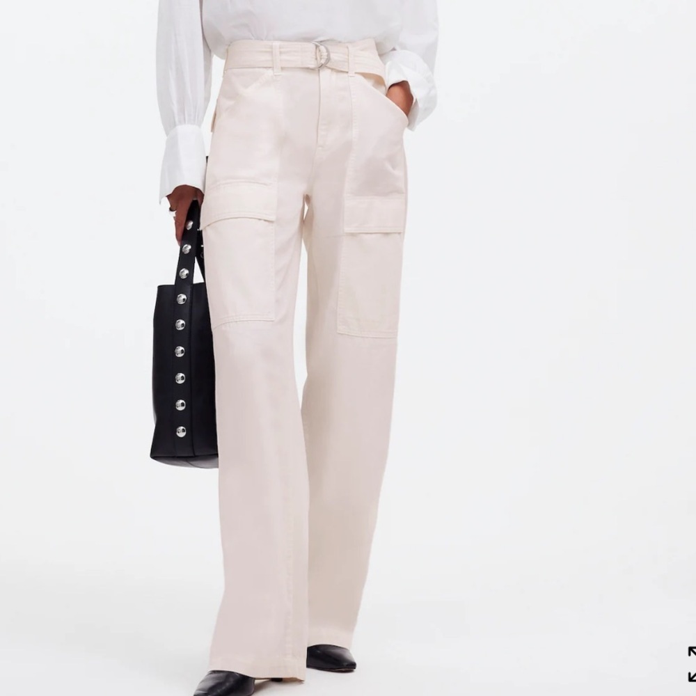 Madewell Belted Slouchy Straight Cargo Pants in‎ Garment Dye Ivory size 26 NWT
